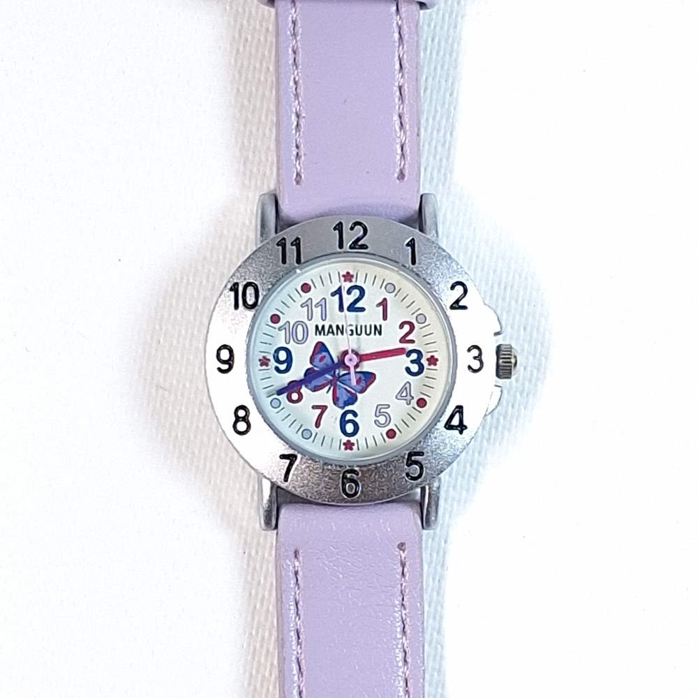 Manguun Girls Childrens Purple Butterfly Silver Tone Wrist Watch